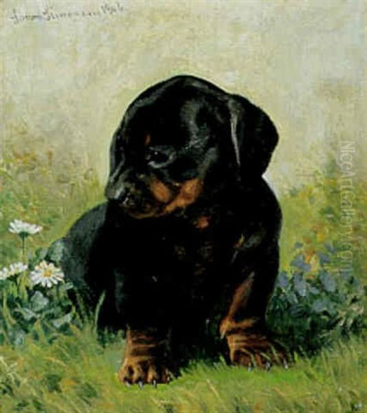 Gravhundehvalp Og Bellis Oil Painting by Simon Simonsen