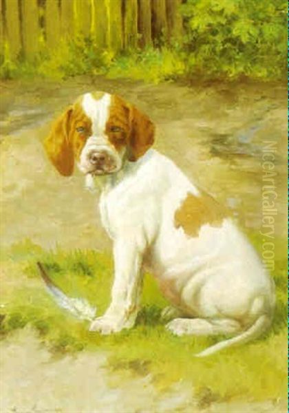 Siddende Lille Hundehvalp Oil Painting by Simon Simonsen