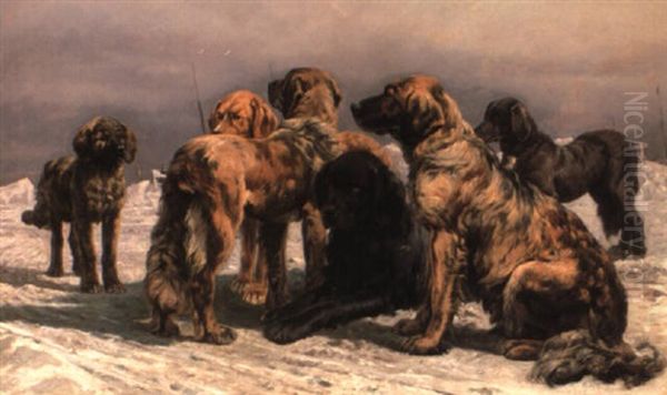 Dogs In A Winter Landscape Oil Painting by Simon Simonsen