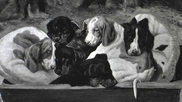 Tre Pointere Og Tre Gravhundehvalpe I Et Aedetrug Oil Painting by Simon Simonsen