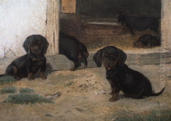 Black And Tan Dachshund Puppies Oil Painting by Simon Simonsen