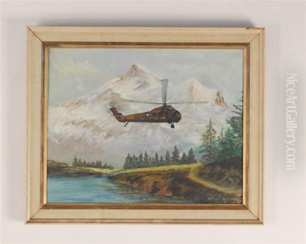 Army Helicopter In A Mountain Landscape Oil Painting by Harold Chalton Bradshaw