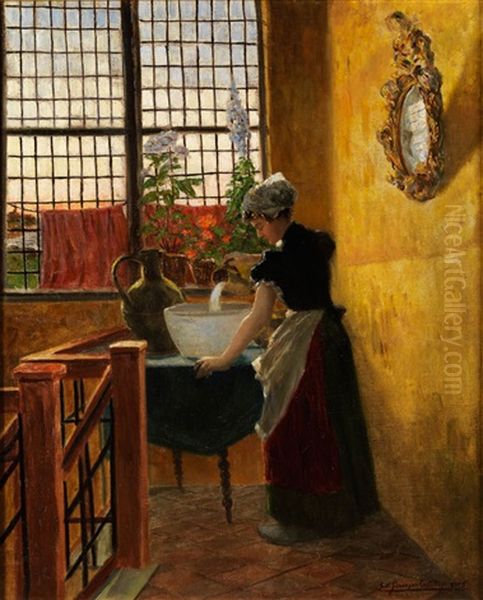 Junges Madchen Bei Der Hausarbeit by Ernst Oskar Simonson-Castelli