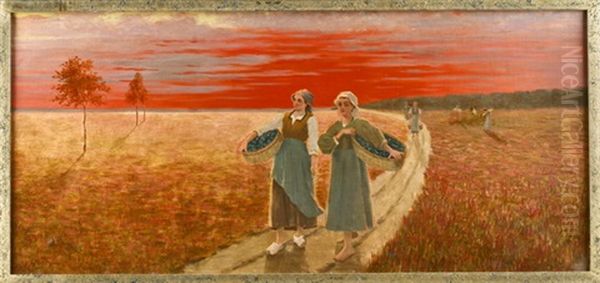 Erntehelferinnen Mit Gefullten Korben Auf Dem Feldweg Bei Stimmungsvoller Abendrote Oil Painting by Ernst Oskar Simonson-Castelli