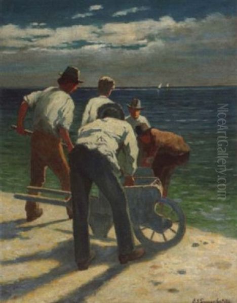 Manner Mit Handkarren Am Meeresstrand Oil Painting by Ernst Oskar Simonson-Castelli