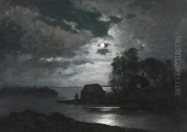 Ocean Scene With Full Moon Above Oil Painting by Konrad Simonsson