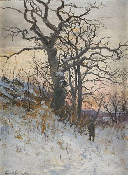 Den Gamla Eken - Vinterlandskap I Aftonrodnad Oil Painting by Konrad Simonsson