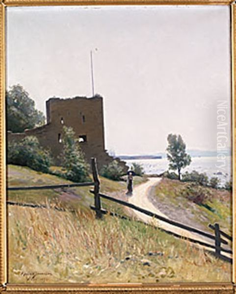 Dam Med Parasoll, Visby Oil Painting by Konrad Simonsson