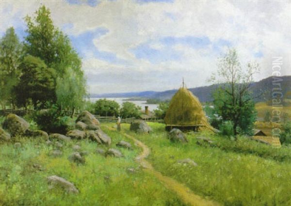 Sommarvy Med Hostack Oil Painting by Konrad Simonsson