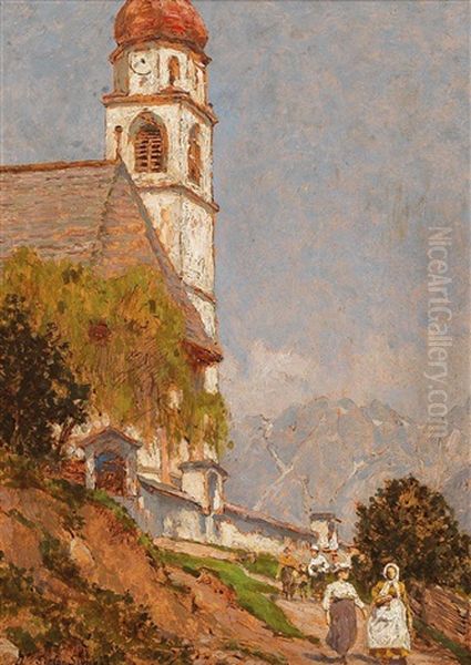 View Of A Village Church Oil Painting by Stefan Simony