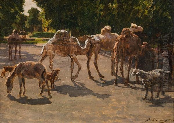 Dromedaries At The Schonbrunn Zoo Oil Painting by Stefan Simony