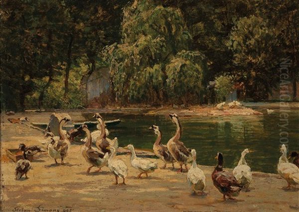 By The Duck Pond In Schonbrunn Oil Painting by Stefan Simony