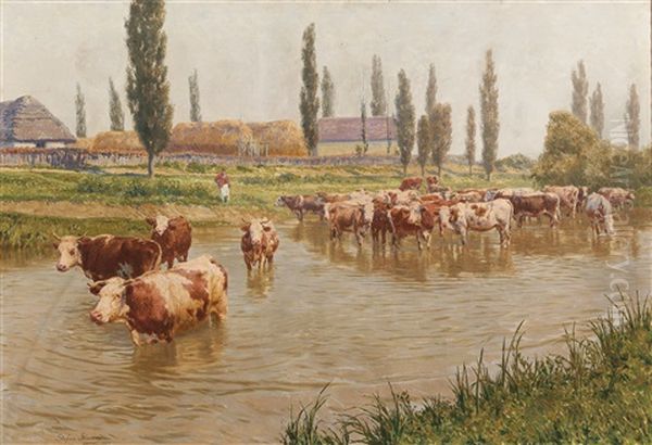 Hungarian River Landscape With Cows Oil Painting by Stefan Simony