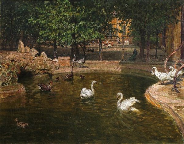 Schonbrunner Tiergarten (vogelhaus Mit Wasserbecken) Oil Painting by Stefan Simony