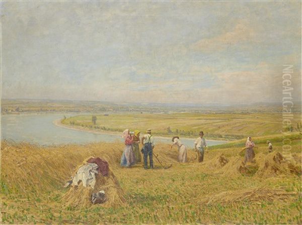 Harvesters At Work With An Extensive River Landscape Beyond by Stefan Simony