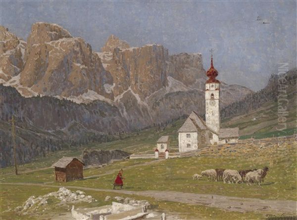 Blick Auf Die Kirche Colfosco Am Grodner Joch Mit Sellagruppe Im Hintergrund Oil Painting by Stefan Simony