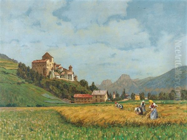 Berglandschaft Mit Schlossanlage Und Feldarbeiterinnen Oil Painting by Stefan Simony