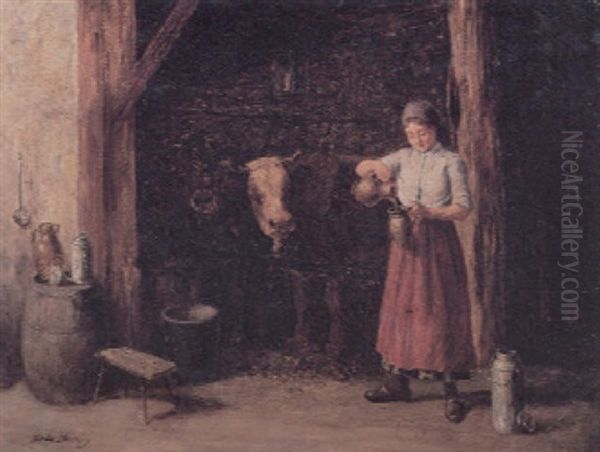 Woman Tending To The Cattle Oil Painting by Stefan Simony