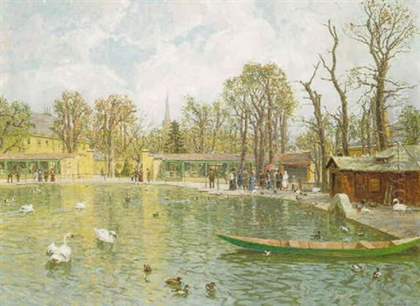 Figures By A Pond In The Zoo At Schonbrunn Oil Painting by Stefan Simony