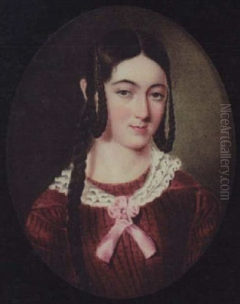 Miss Jane Wright Wearing Burgundy-coloured Dress And White Frilled Collar Tied With Pink Ribbon Oil Painting by John Simpson