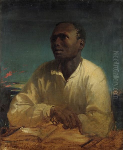 Portrait Of A Negro Slave Wearing A Cream Shirt, His Wrists In Chains Oil Painting by John Simpson