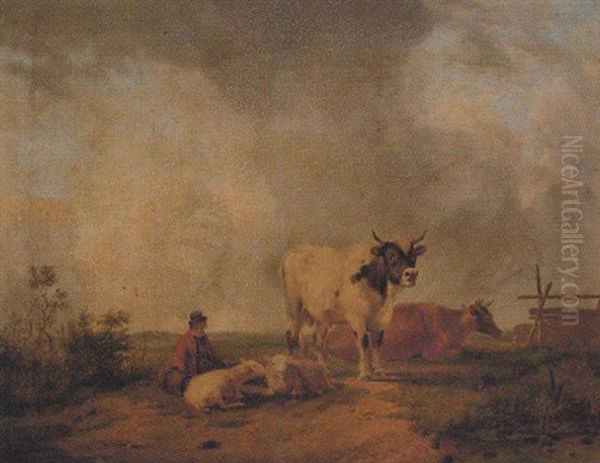 A Drover Resting With Sheep And Cattle In A Meadow Oil Painting by John Simpson