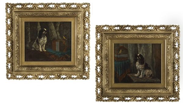 King Charles Spaniel With A Canary Oil Painting by William Simpson