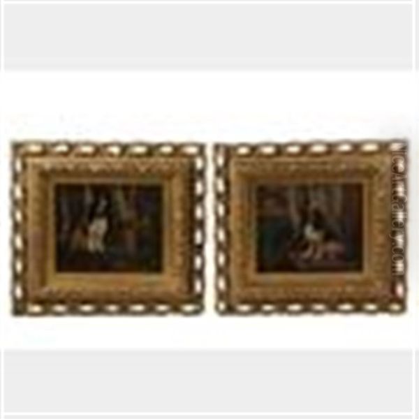 A Pair Of Portraits Of King Charles Spaniels With A Canary Oil Painting by William Simpson