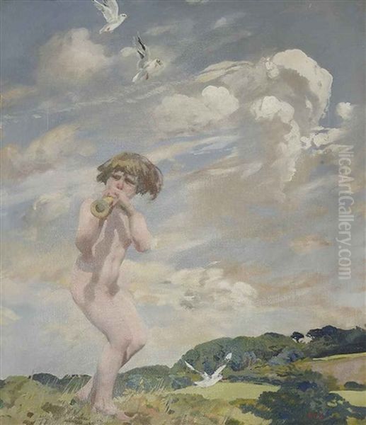 The Piper (+ Landscape (study), Verso) Oil Painting by Charles Sims