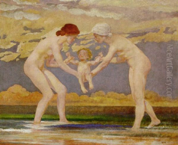 The Water's Edge: Two Women And A Baby Oil Painting by Charles Sims