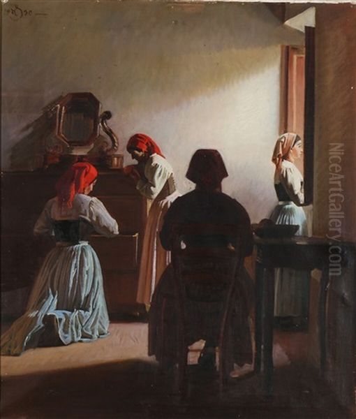 Interior With Italian Women Oil Painting by Knud Sinding