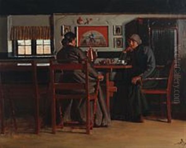 Interor With Two Women Gossiping Oil Painting by Knud Sinding