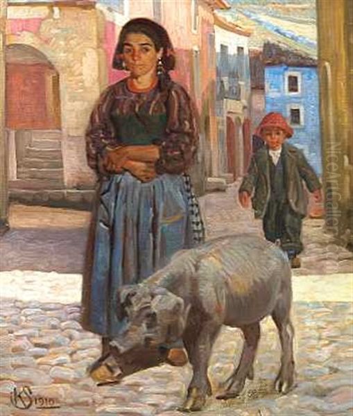 Gadescene, Civita D'antino Oil Painting by Knud Sinding