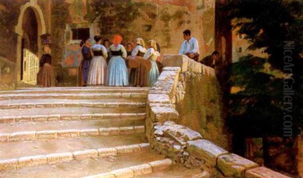 Nachmittag Auf Der Treppe In Civita D'antino (in Den Abruzzen Bei Rom) Oil Painting by Knud Sinding