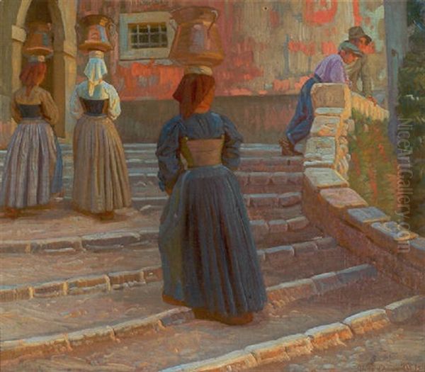 Pa Trappen. Italienske Piger Baerer Vand Op Af En Trappe I Byen Civita D'antino Oil Painting by Knud Sinding