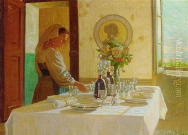 Setting The Table Oil Painting by Knud Sinding