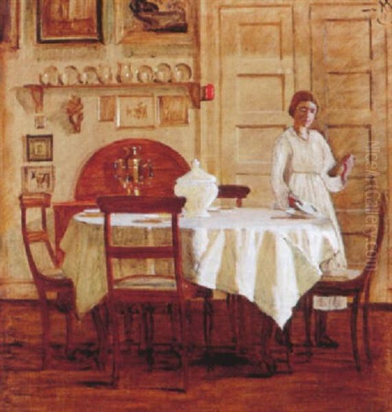 Interior Med Kvinde Der Daekker Bord Oil Painting by Knud Sinding