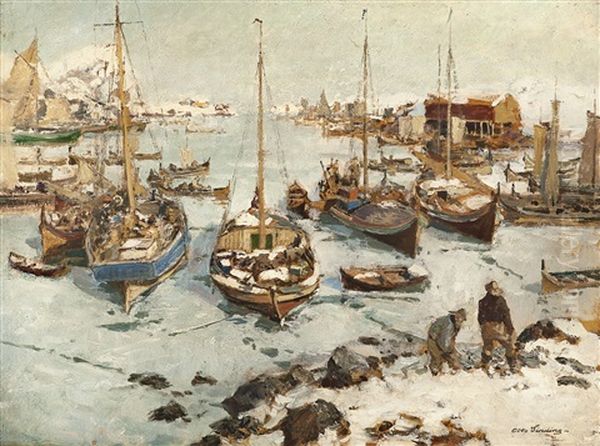 Fiskebater I Havn Oil Painting by Otto Ludwig Sinding