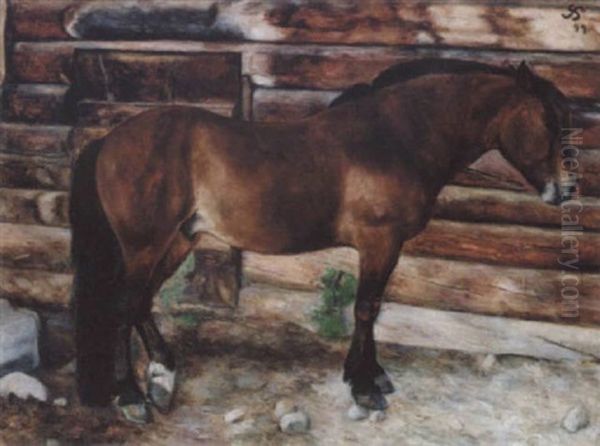 Hest Foran En Bjaelkehytte Oil Painting by Sigmund Sinding