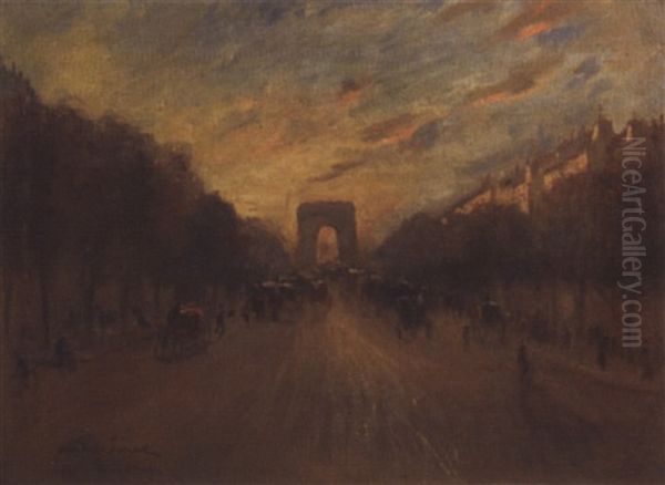 L'avenue Des Champs Elysees Oil Painting by Andre Sinet