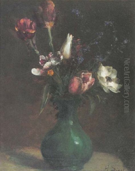 Tilpen, Anemonen Und  Vergismeinnicht In Gruner Vase Oil Painting by Andre Sinet