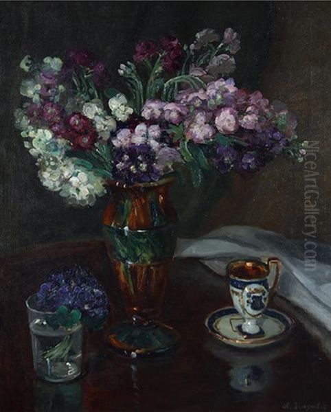 Still Life With Flowers,  Tea Cup And Glass Oil Painting by Nicolas Sinezouboff