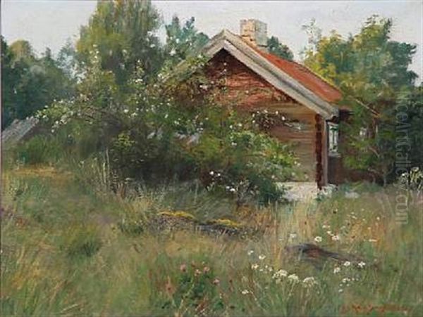 At A Norwegian Log House Oil Painting by Andreas Singdahlsen