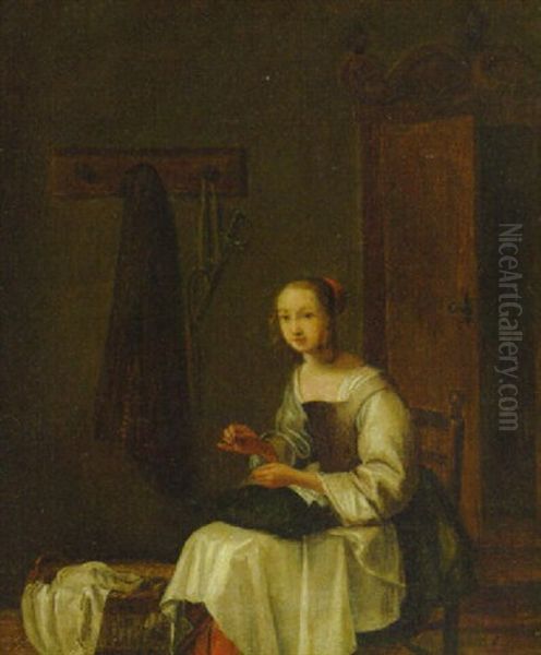 A Woman Sewing In An Interior Oil Painting by Pieter Corneliz van Singelandt