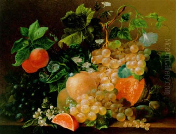 A Still Life With Grapes, Peaches And Flowers On A Marble Ledge Oil Painting by Diederik Jan Singendonck