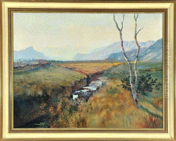 Moorlandschaft Mit Torfhutten Im Bayerischen Voralpenland Oil Painting by Albert Singer