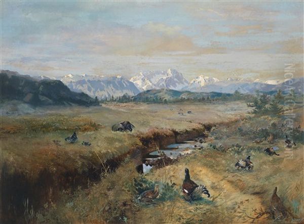 Voralpenlandschaft Mit Spielhahnen Oil Painting by Albert Singer