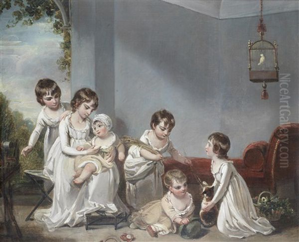 Children Playing With A Cat In An Interior, A View To A Garden Beyond by Henry Singleton