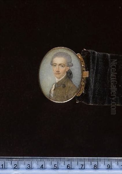 A Gentleman Wearing Moss-green Coat With Grey Piping And Tasselled Button Loop, Red Waistcoat And White Lace Cravat, His Powdered Wig Worn En Queue With A Large Black Ribbon Oil Painting by William Singleton