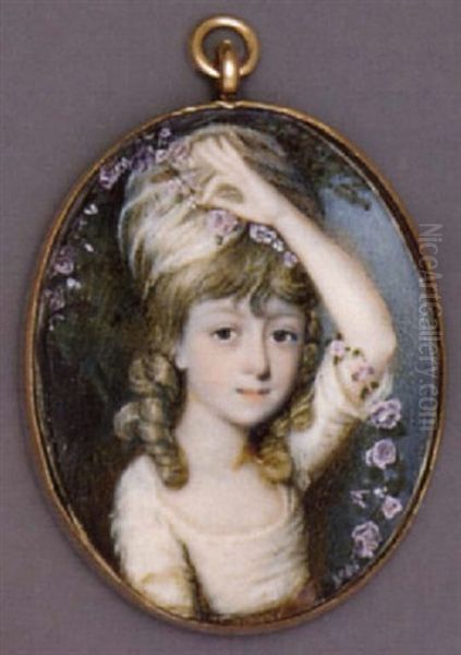 A Young Girl Holding A Garland Of Pink Roses And Foliage Above Her Head In Her Left Hand, In White Dress, Brown Sash, White Turban In Her Long Curled Hair Oil Painting by William Singleton